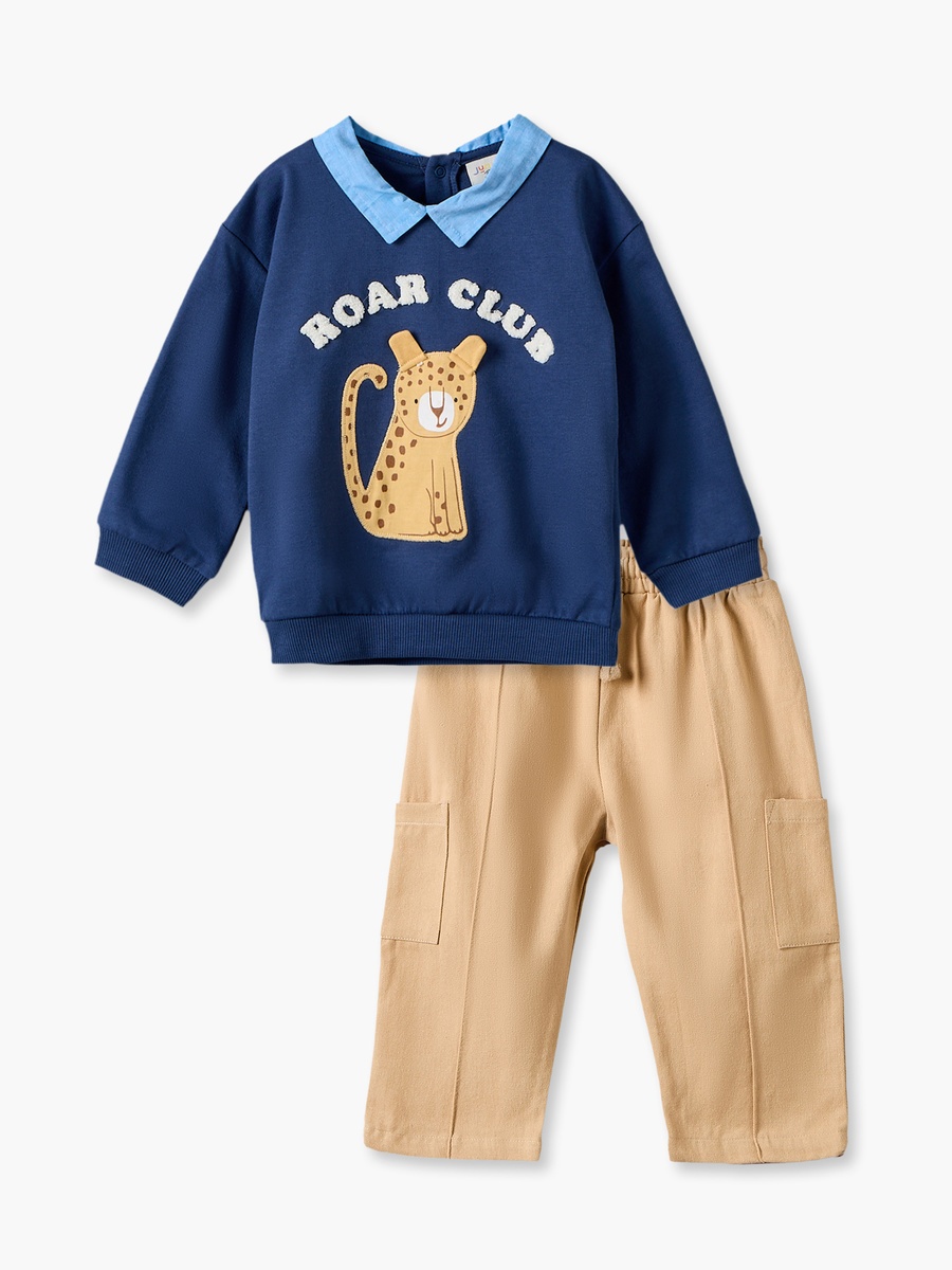 Collared Long Sleeves Sweatshirt and Pants Set with Leopard Applique