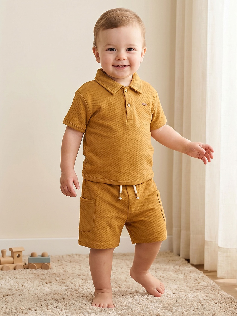 Collared Short Sleeves T-Shirt and Shorts Set with Textured Design