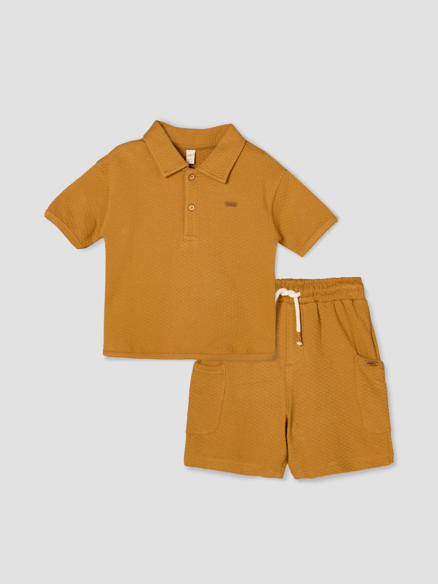 Collared Short Sleeves T-Shirt and Shorts Set with Textured Design