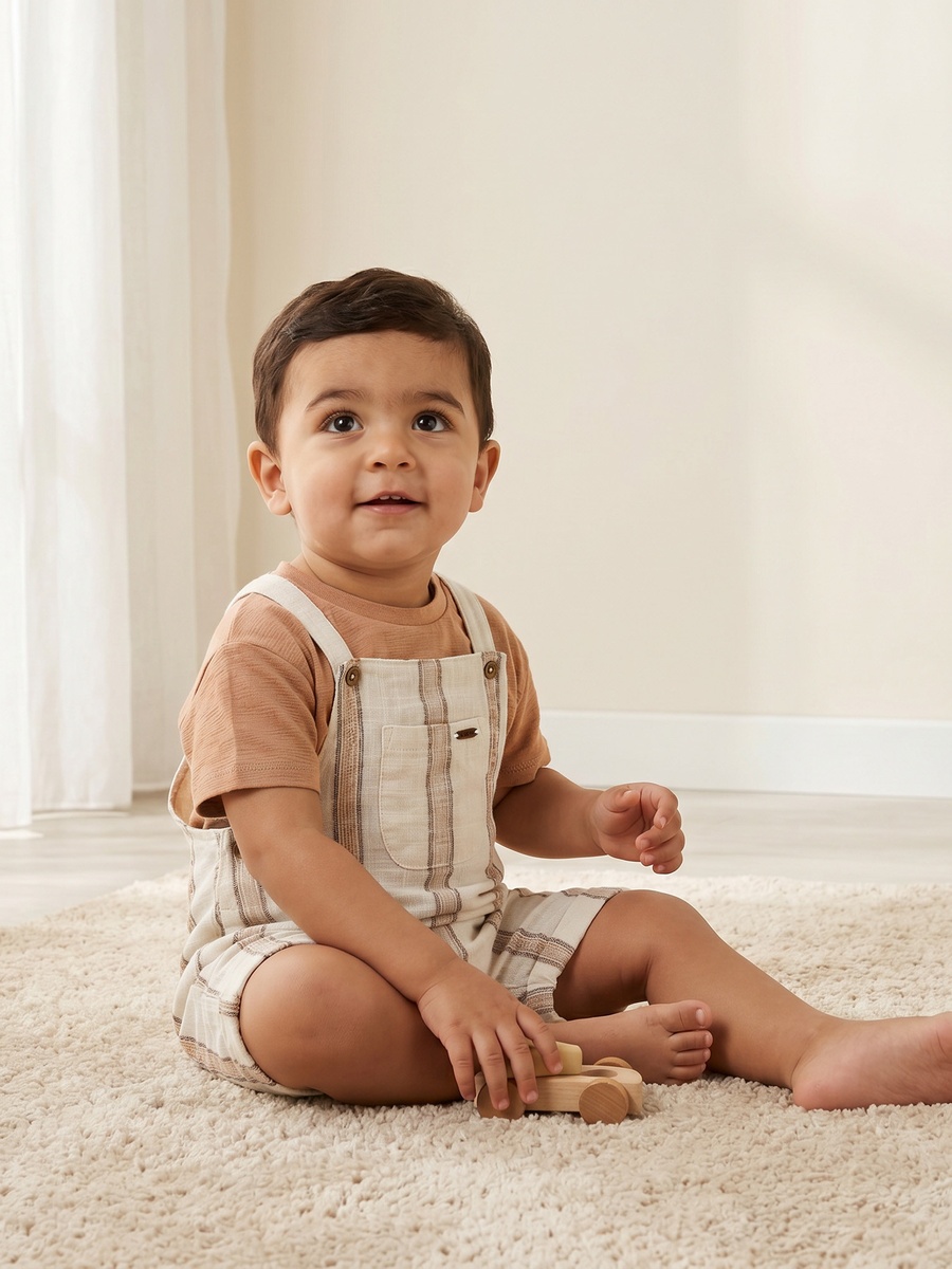 Crew Neck Short Sleeves T-Shirt and Dungarees Set with Stripes