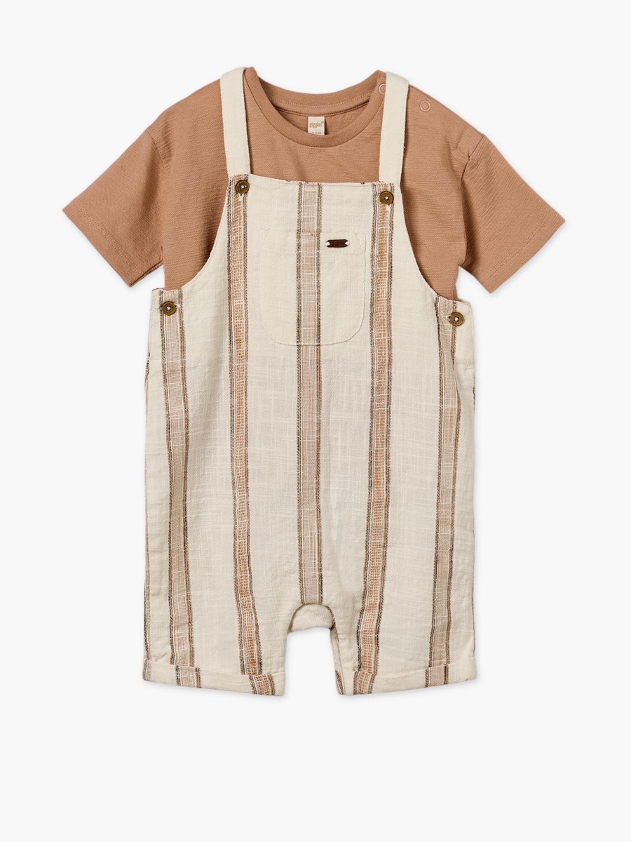 Crew Neck Short Sleeves T-Shirt and Dungarees Set with Stripes