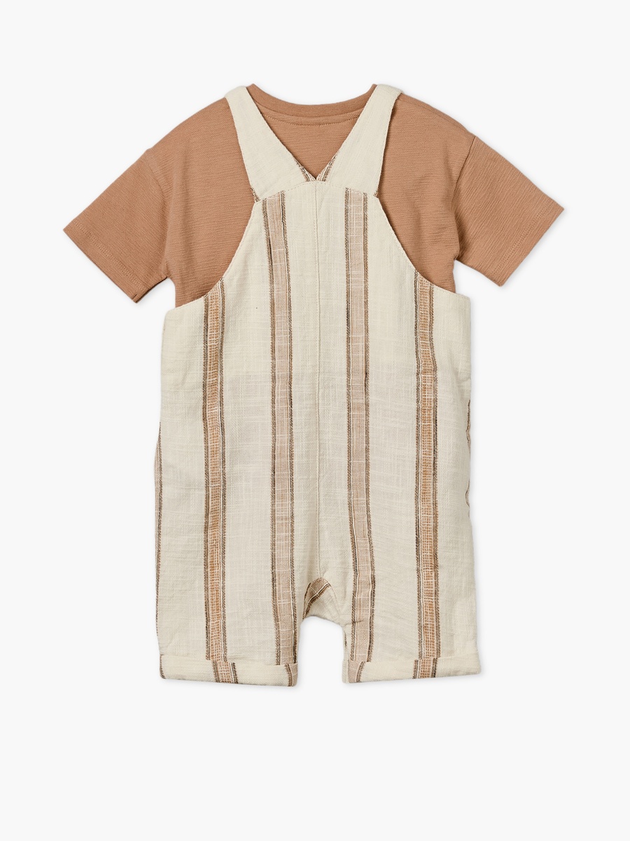Crew Neck Short Sleeves T-Shirt and Dungarees Set with Stripes