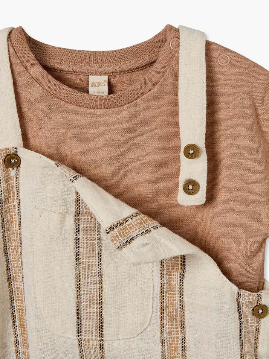 Crew Neck Short Sleeves T-Shirt and Dungarees Set with Stripes