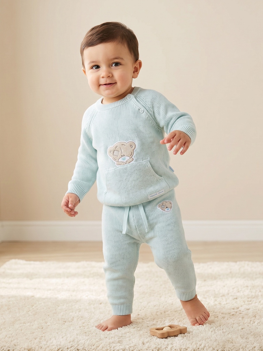 Round Neck Long Sleeves Sweater and Pants Set with Teddy Bear Applique