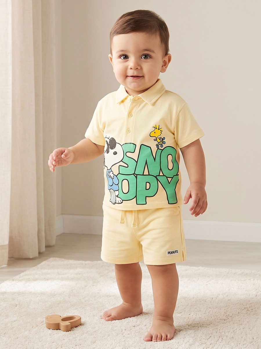 Collared Short Sleeves Polo T-Shirt and Shorts Set with Snoopy Print