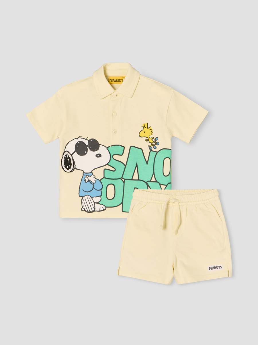 Collared Short Sleeves Polo T-Shirt and Shorts Set with Snoopy Print
