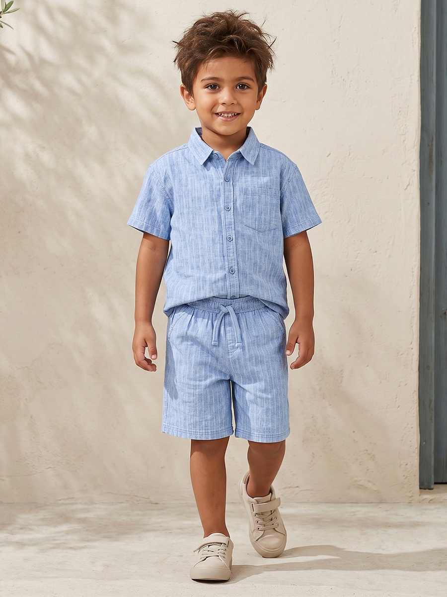 Collared Short Sleeves Shirt and Shorts Set with Striped Design