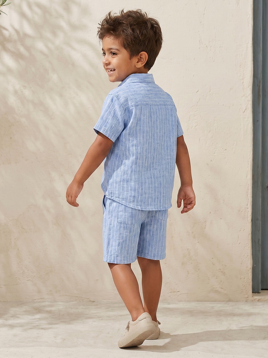 Collared Short Sleeves Shirt and Shorts Set with Striped Design