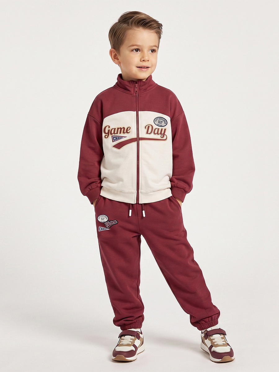 High Neck Long Sleeves Jacket and Joggers Set with Varsity Embroidery
