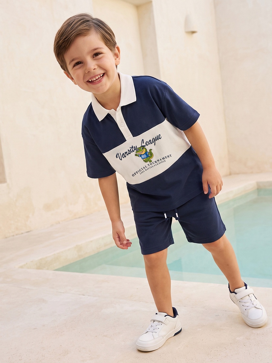 Collared Short Sleeves T-Shirt and Shorts Set with Varsity Print