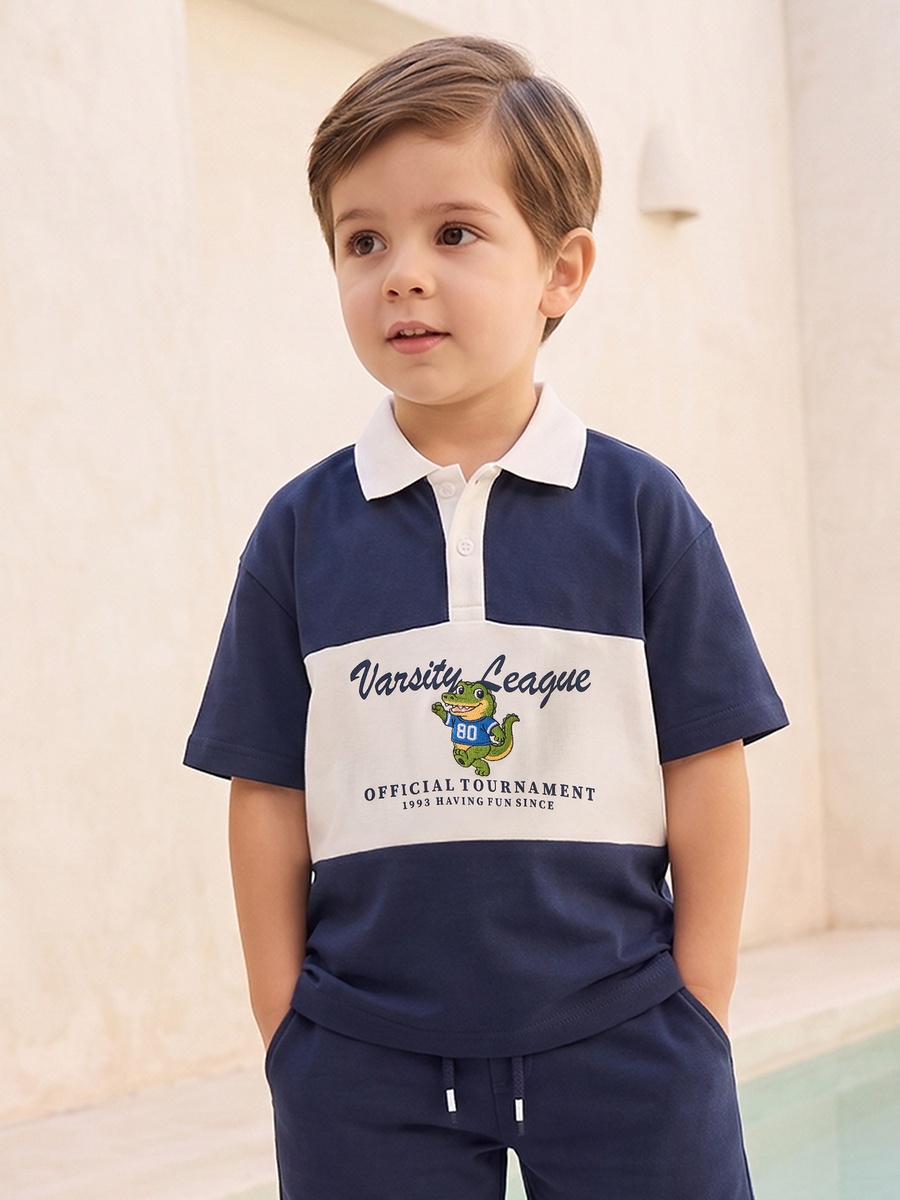 Collared Short Sleeves T-Shirt and Shorts Set with Varsity Print
