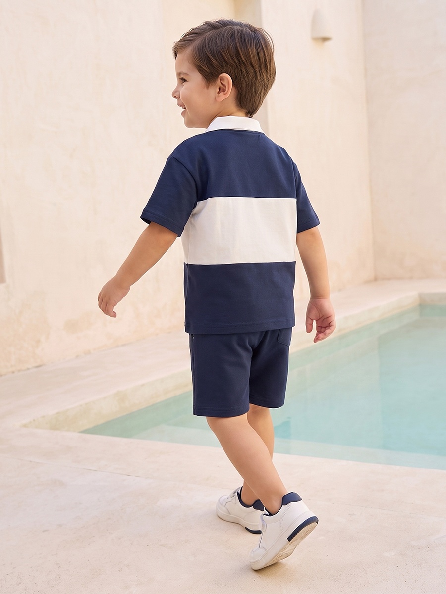 Collared Short Sleeves T-Shirt and Shorts Set with Varsity Print
