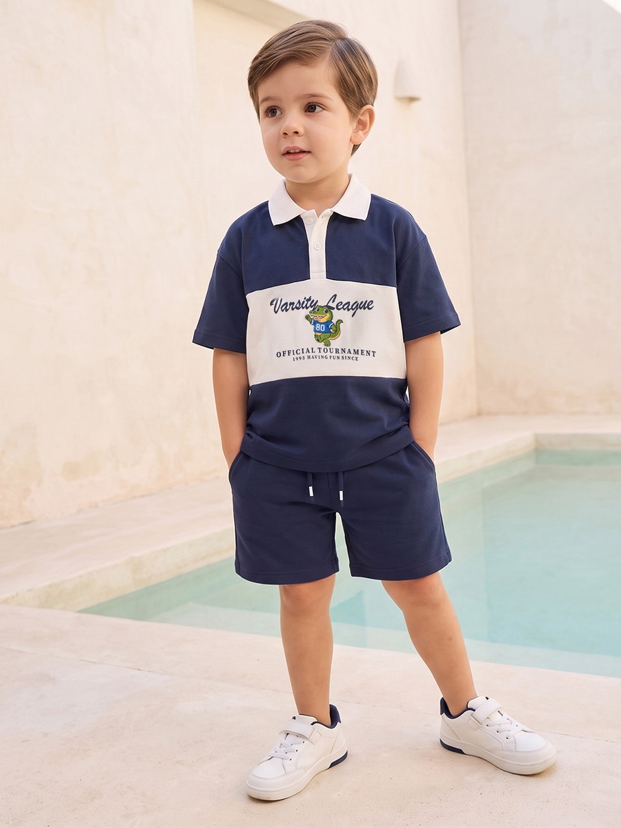 Collared Short Sleeves T-Shirt and Shorts Set with Varsity Print