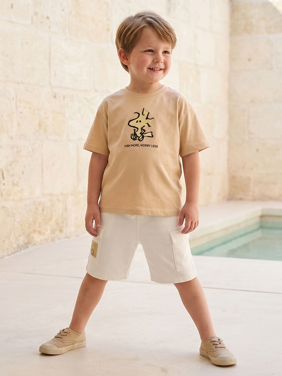 Crew Neck Short Sleeves T-Shirt and Cargo Shorts Set with Peanuts Print