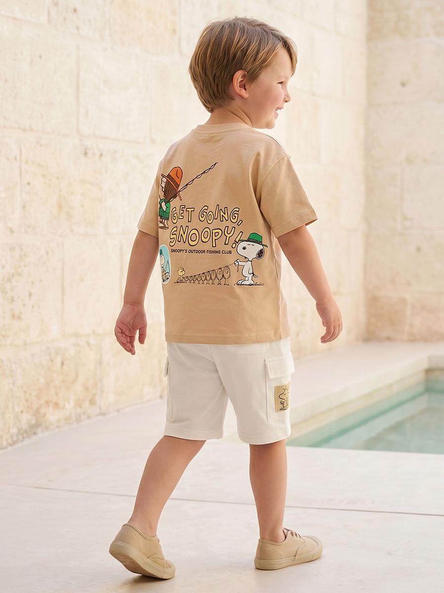 Crew Neck Short Sleeves T-Shirt and Cargo Shorts Set with Peanuts Print