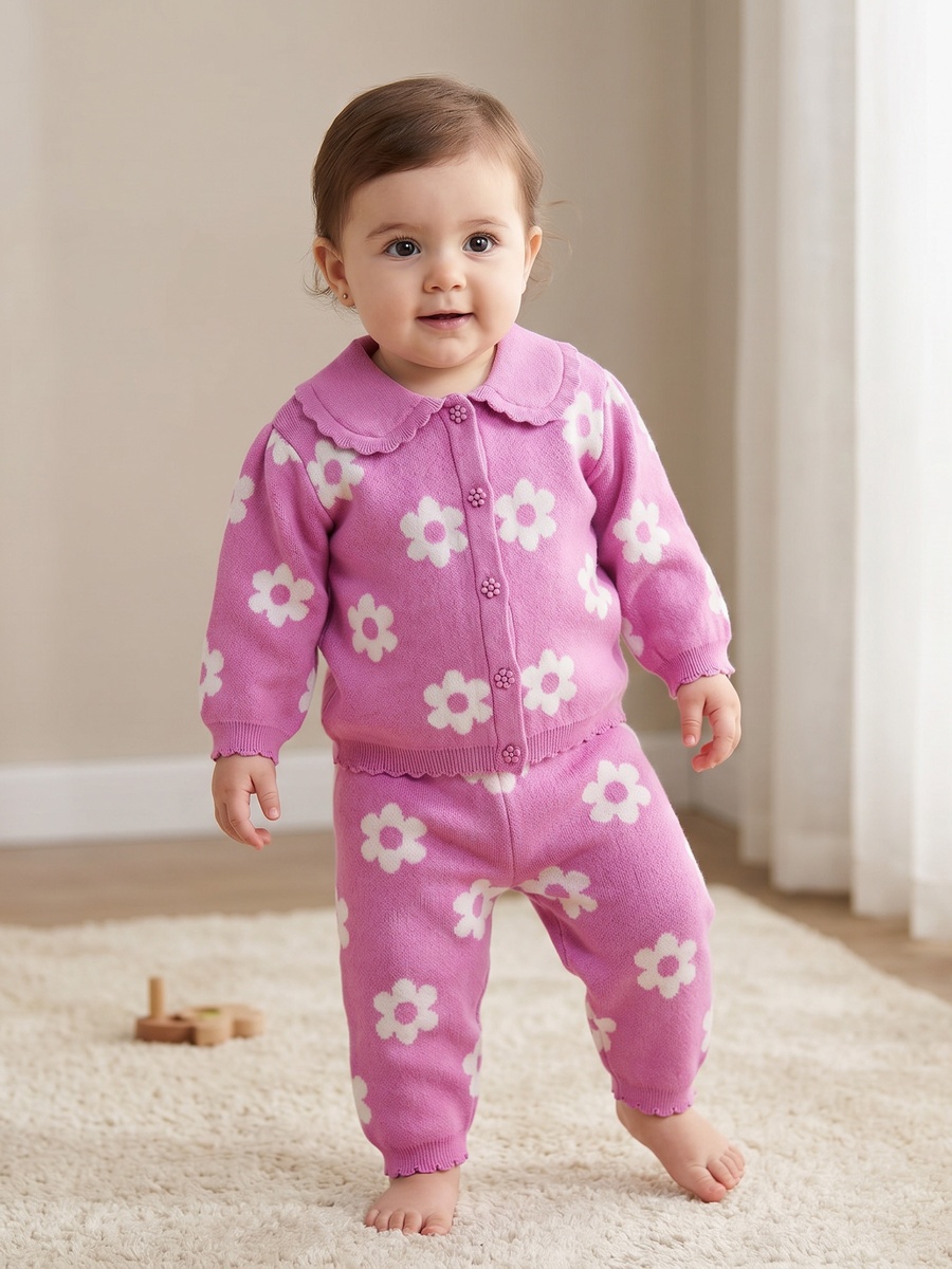 Peter Pan Collar Long Sleeves Cardigan and Pants Set with Floral Print