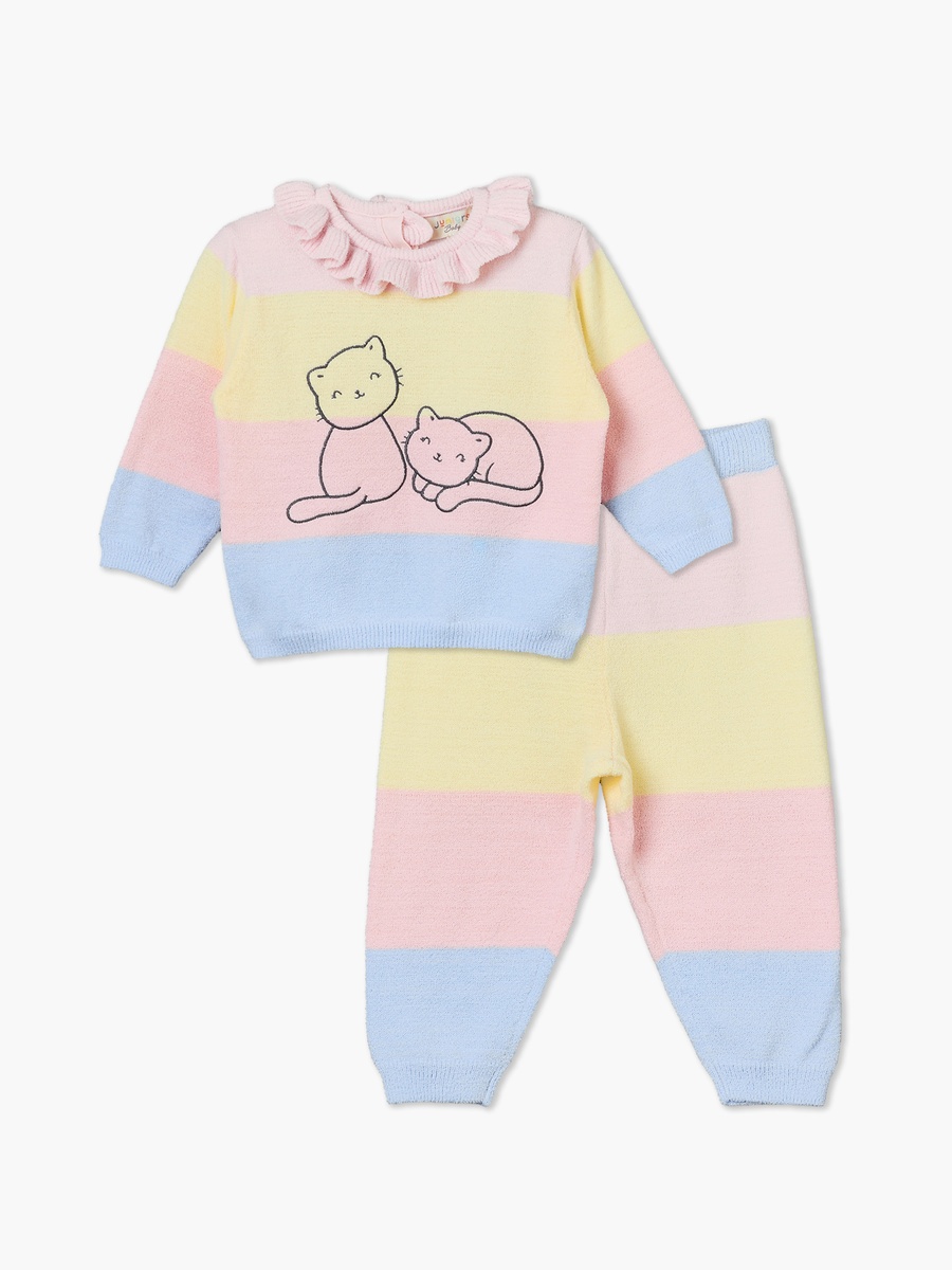 Ruffle Collared Long Sleeves Sweater and Joggers Set with Cat Print