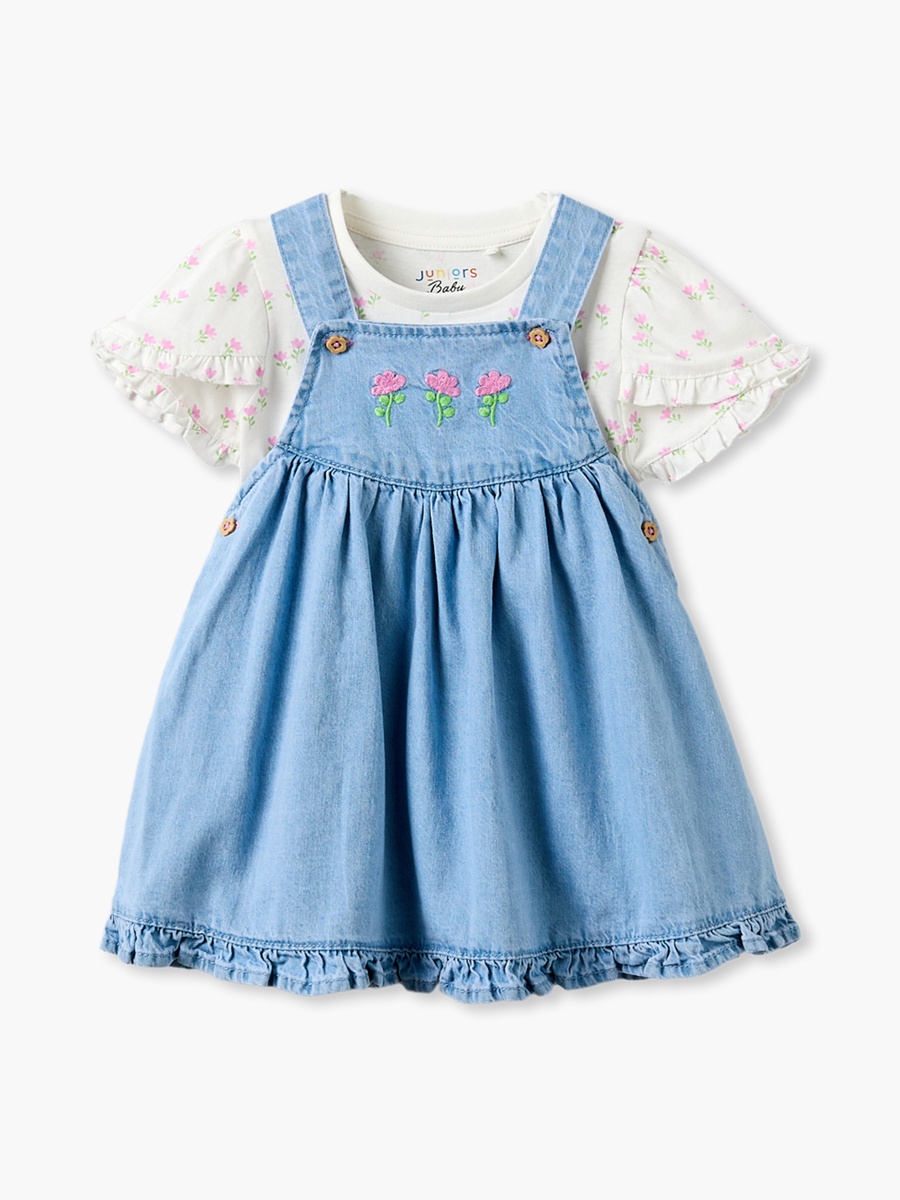Round Neck Short Sleeves Top and Denim Pinafore Set with Floral Print