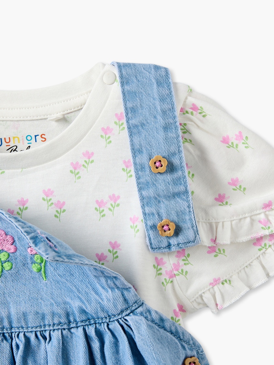 Round Neck Short Sleeves Top and Denim Pinafore Set with Floral Print