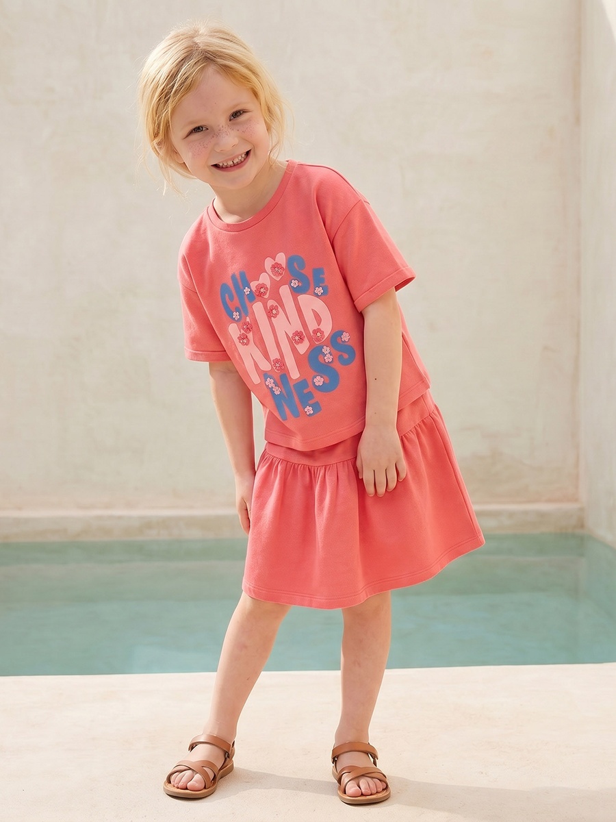Crew Neck Short Sleeves T-Shirt and Skirt Set with Slogan Print