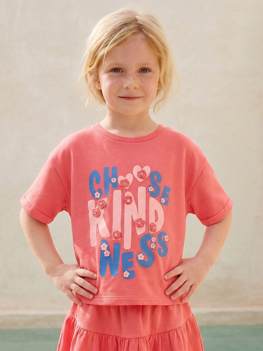 Crew Neck Short Sleeves T-Shirt and Skirt Set with Slogan Print
