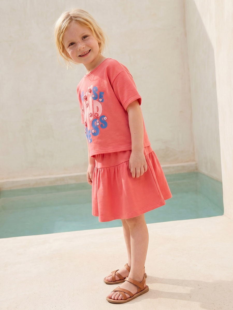 Crew Neck Short Sleeves T-Shirt and Skirt Set with Slogan Print