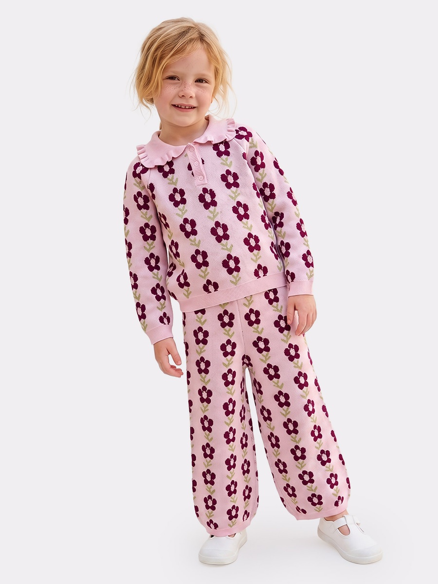 Collared Long Sleeves T-Shirt and Joggers Set with Floral Print