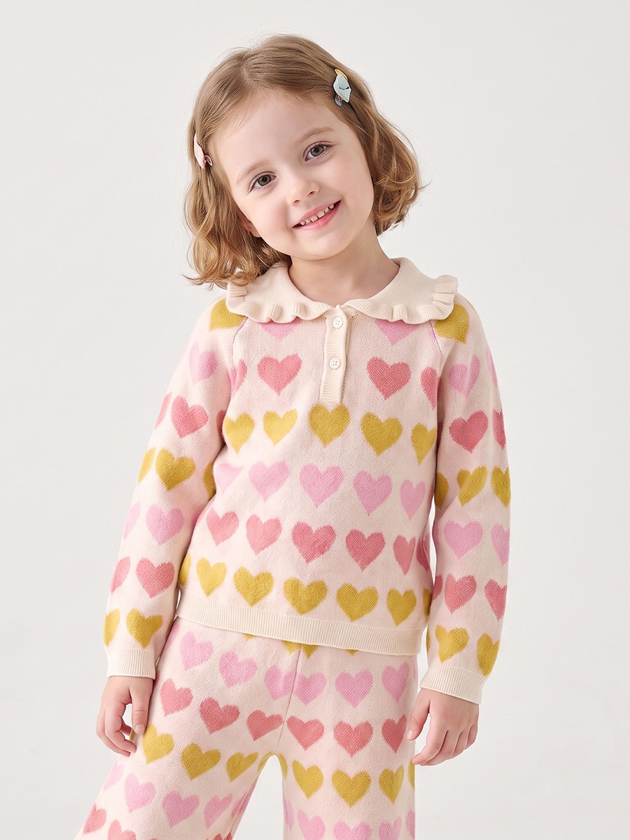 Collared Long Sleeves Sweater and Pants Set with Heart Print