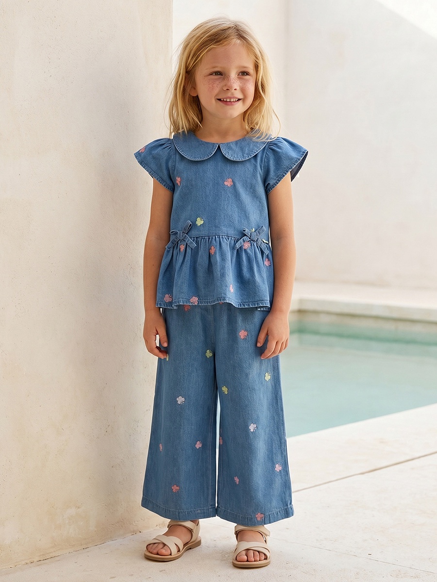 Collared Short Sleeves Denim Top and Pants Set with Embroidery