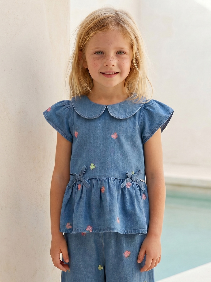 Collared Short Sleeves Denim Top and Pants Set with Embroidery