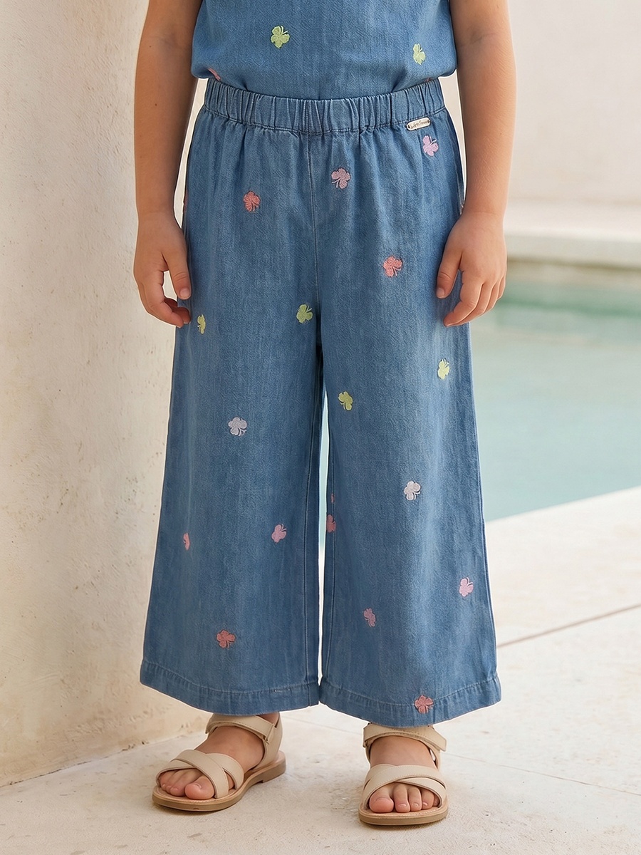 Collared Short Sleeves Denim Top and Pants Set with Embroidery