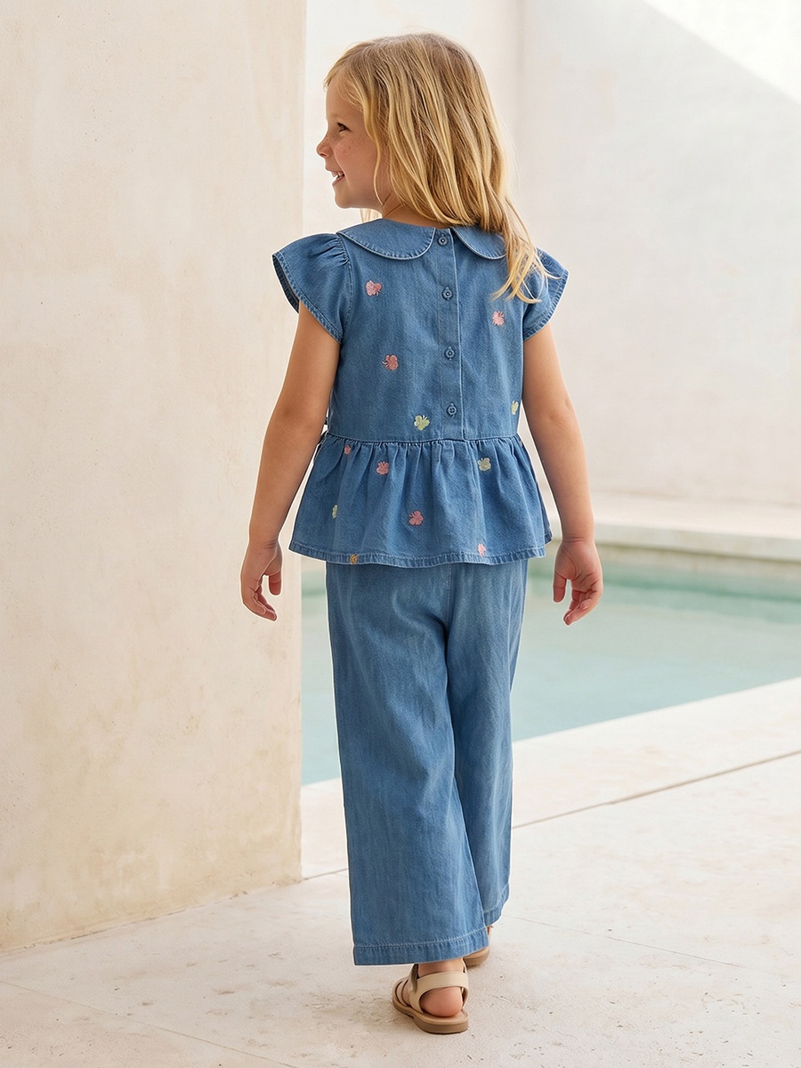 Collared Short Sleeves Denim Top and Pants Set with Embroidery