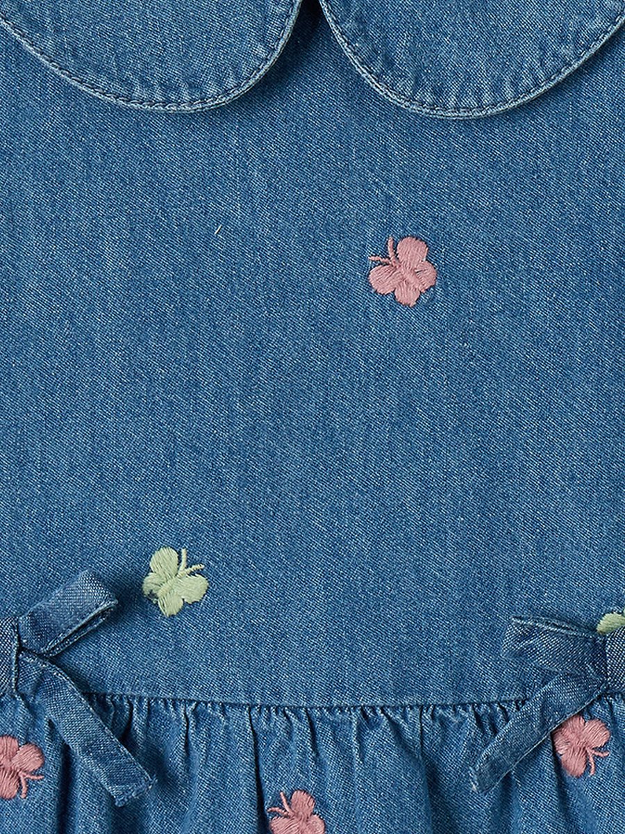 Collared Short Sleeves Denim Top and Pants Set with Embroidery