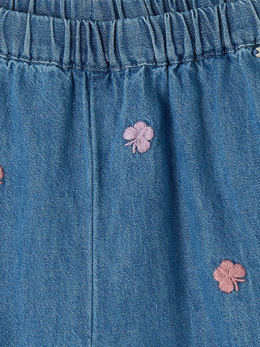 Collared Short Sleeves Denim Top and Pants Set with Embroidery