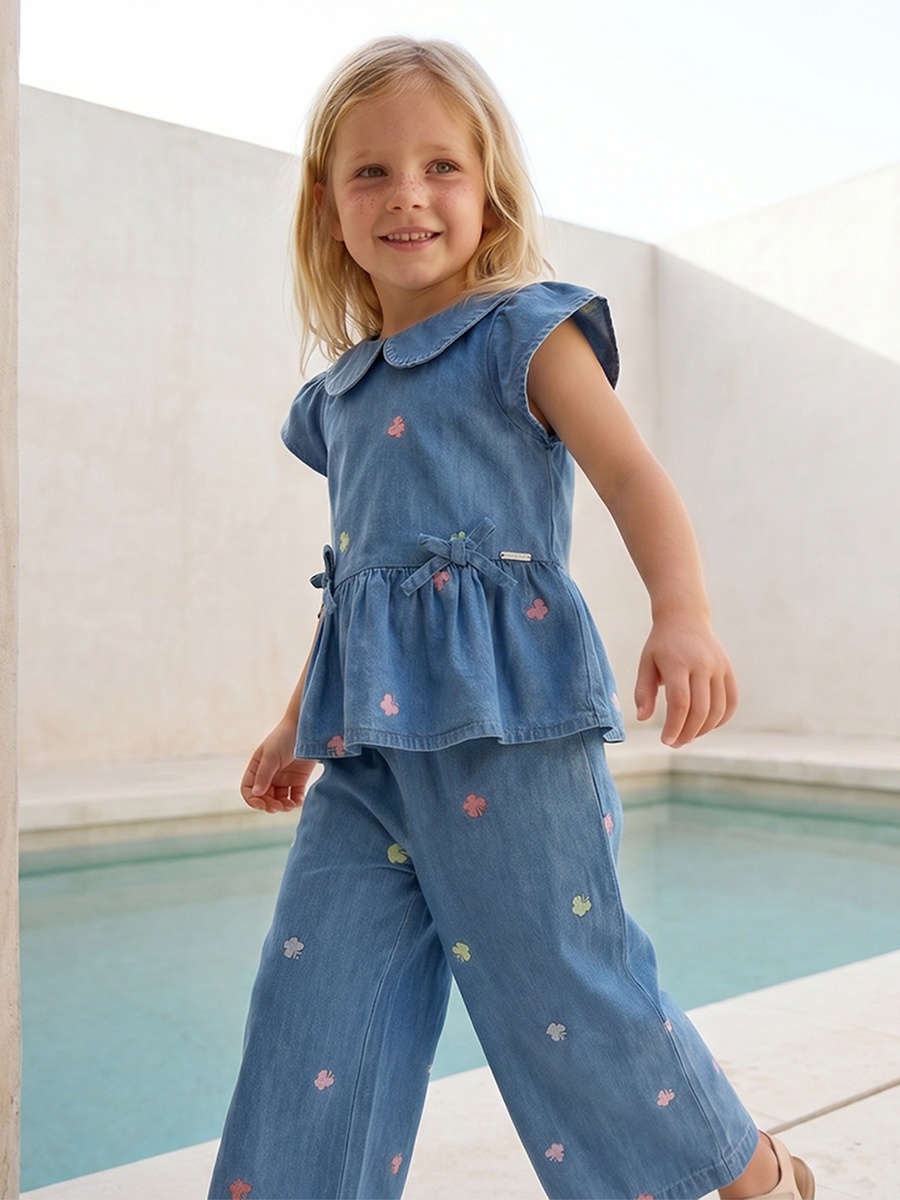 Collared Short Sleeves Denim Top and Pants Set with Embroidery
