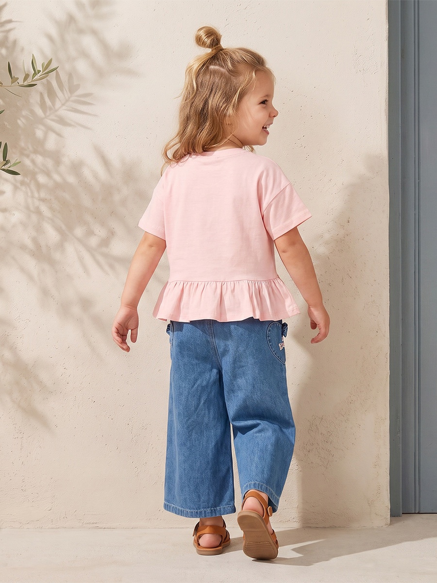Peplum Top and Wide Leg Jeans Set with Graphic Print