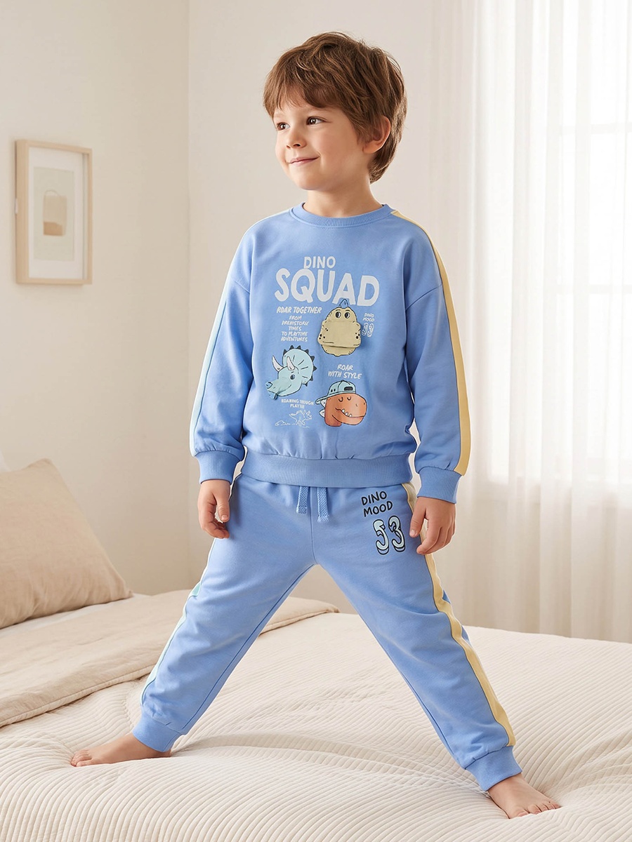 Cotton Crew Neck Long Sleeves Pyjama Set with Dinosaur Print