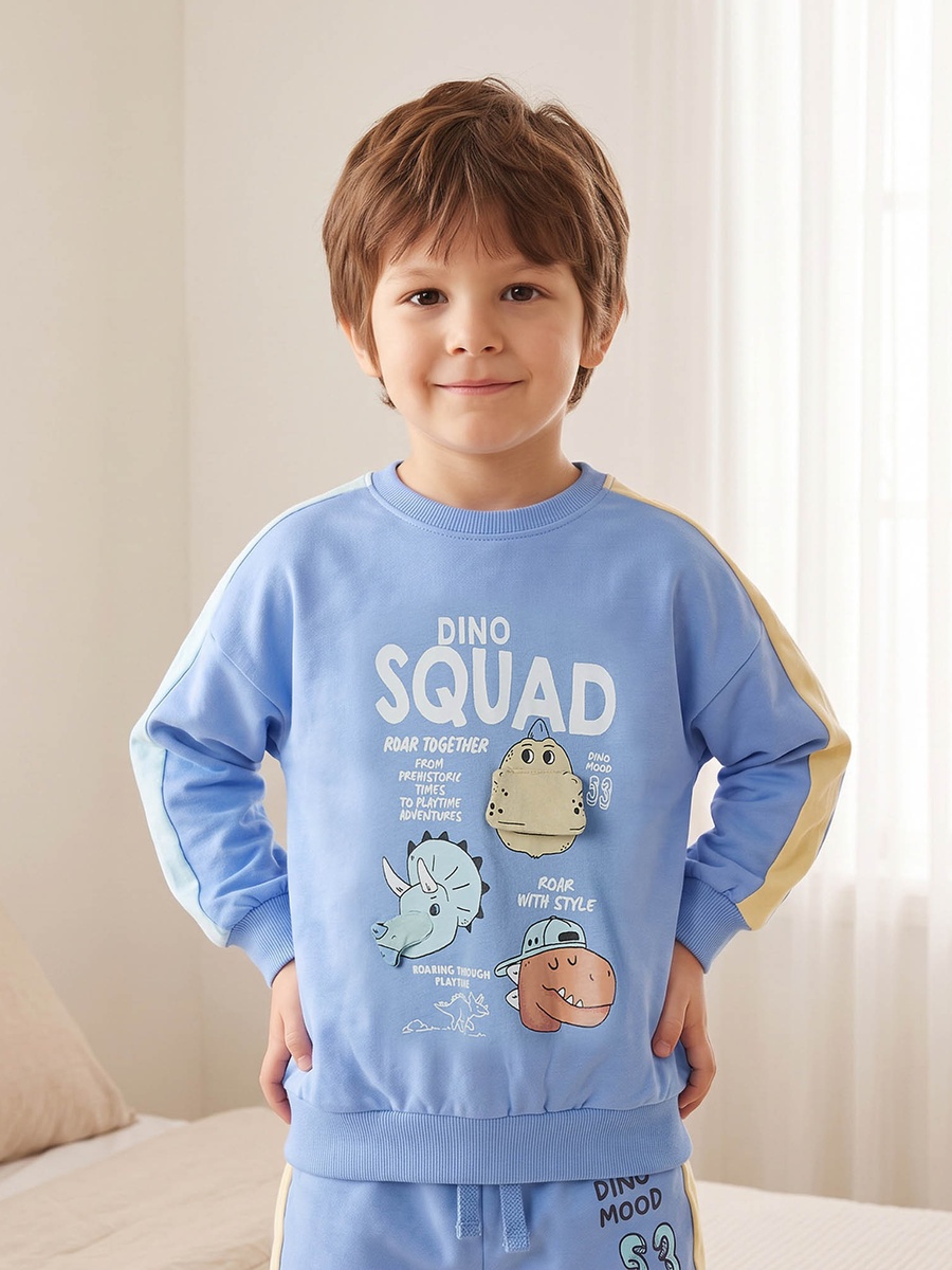 Cotton Crew Neck Long Sleeves Pyjama Set with Dinosaur Print