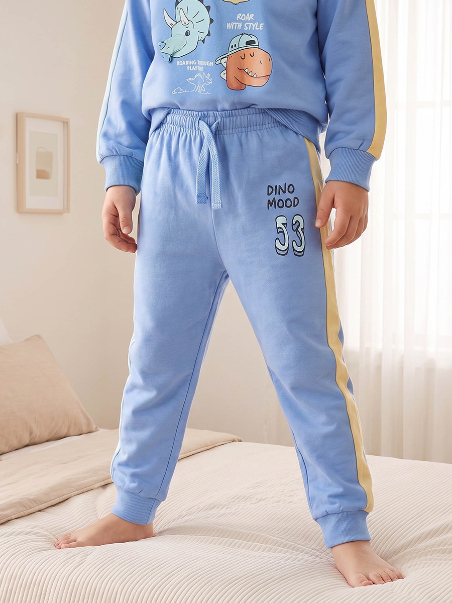 Cotton Crew Neck Long Sleeves Pyjama Set with Dinosaur Print