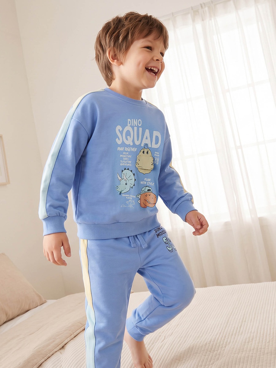 Cotton Crew Neck Long Sleeves Pyjama Set with Dinosaur Print