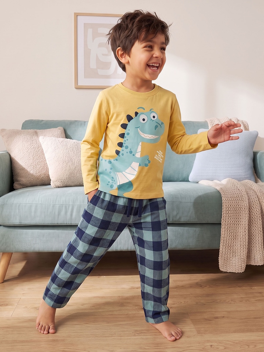Cotton Crew Neck Long Sleeves Pyjama Set with Dinosaur Print