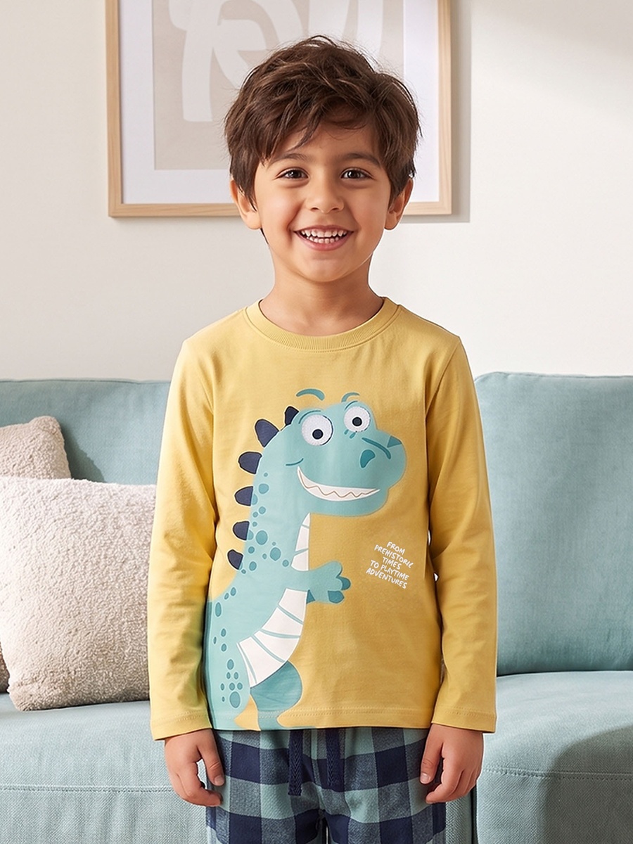 Cotton Crew Neck Long Sleeves Pyjama Set with Dinosaur Print