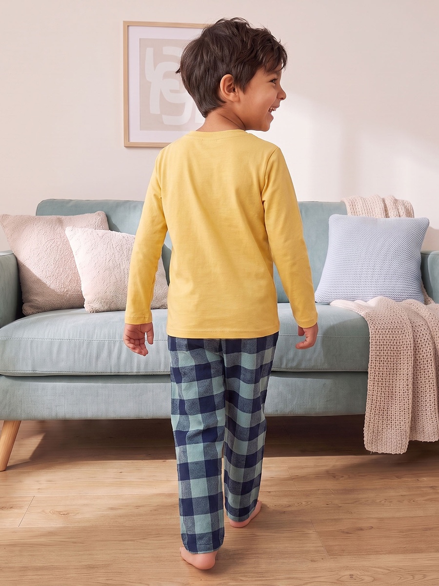 Cotton Crew Neck Long Sleeves Pyjama Set with Dinosaur Print