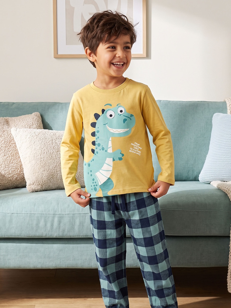 Cotton Crew Neck Long Sleeves Pyjama Set with Dinosaur Print