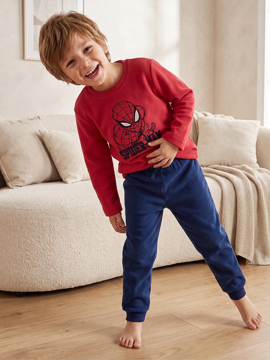 Cotton Crew Neck Long Sleeves Pyjama Set with Spider-Man Embroidery