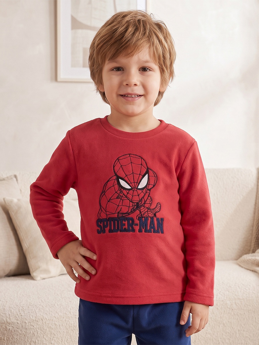Cotton Crew Neck Long Sleeves Pyjama Set with Spider-Man Embroidery