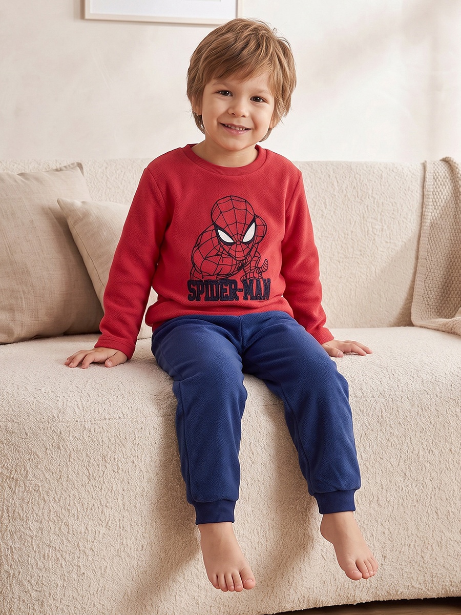 Cotton Crew Neck Long Sleeves Pyjama Set with Spider-Man Embroidery