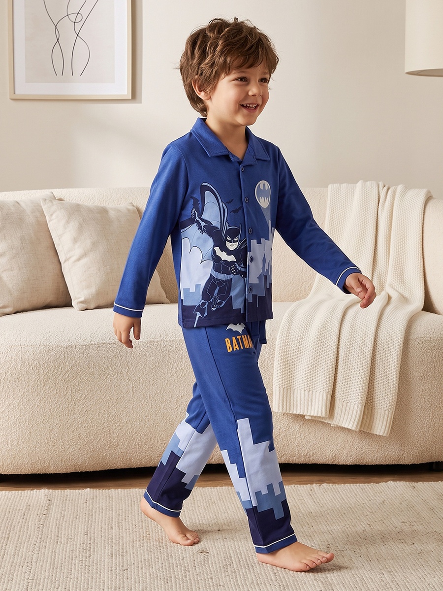 Cotton Collared Long Sleeves Pyjama Set with Batman Print