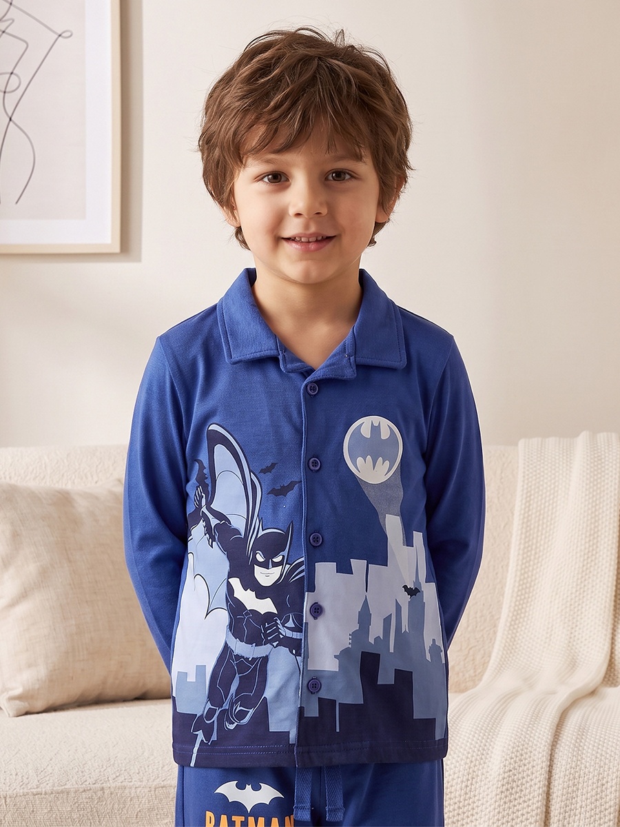 Cotton Collared Long Sleeves Pyjama Set with Batman Print