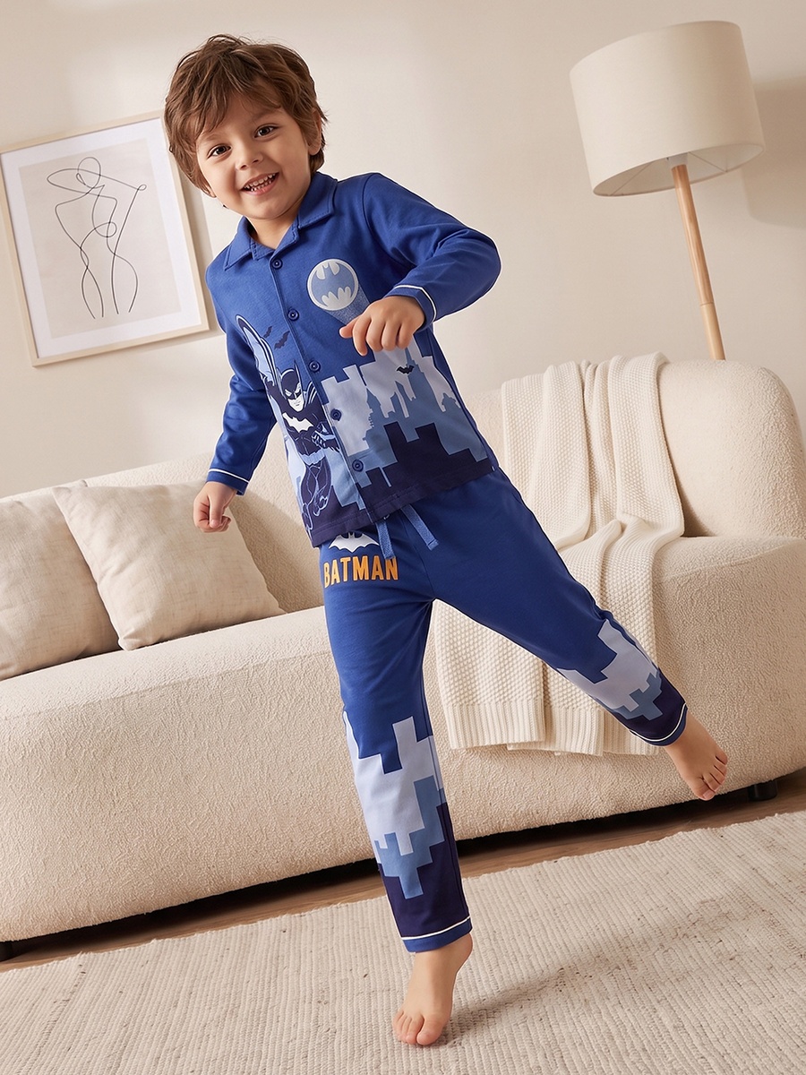 Cotton Collared Long Sleeves Pyjama Set with Batman Print